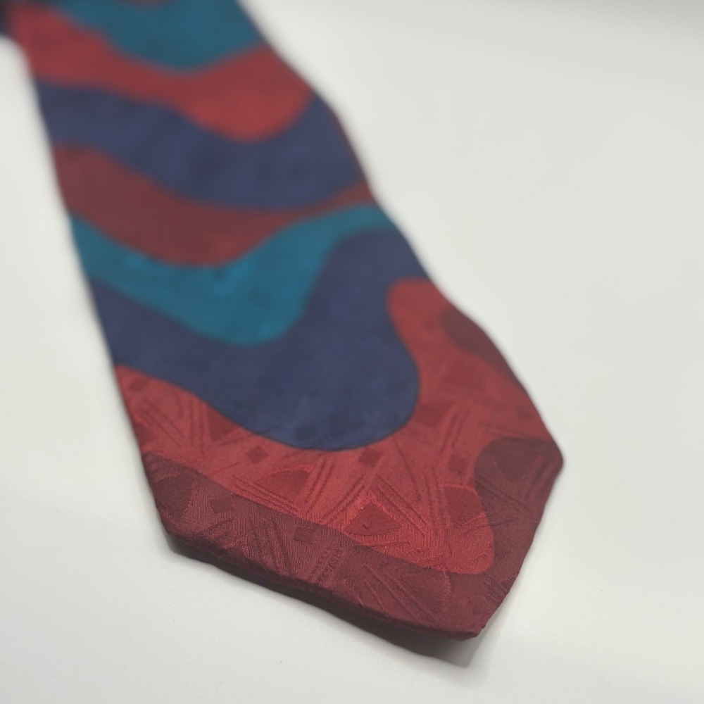 Italian silk art to wear 90s maroon teal silk jacquard neck tie funky abstract